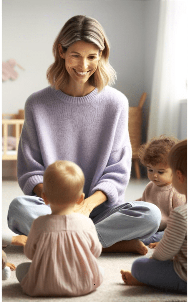 Opiekunka w żłobku uśmiechająca się do dzieci