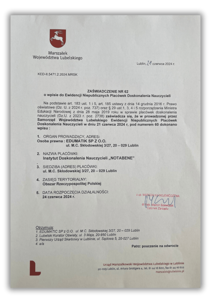 Zaświadczenie nr 62 o wpisie do Ewidencji Niepublicznych Placówek Doskonalenia Zawodowego