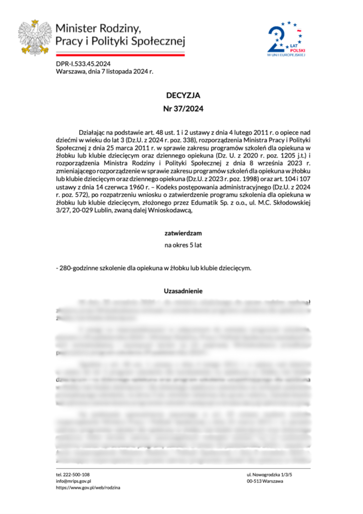 Decyzja Ministra Rodziny decyzja Ministra Rodziny, Pracy i Polityki społecznej nr 37/2024 "Kurs opiekun w żłobku lub klubie dziecięcym"