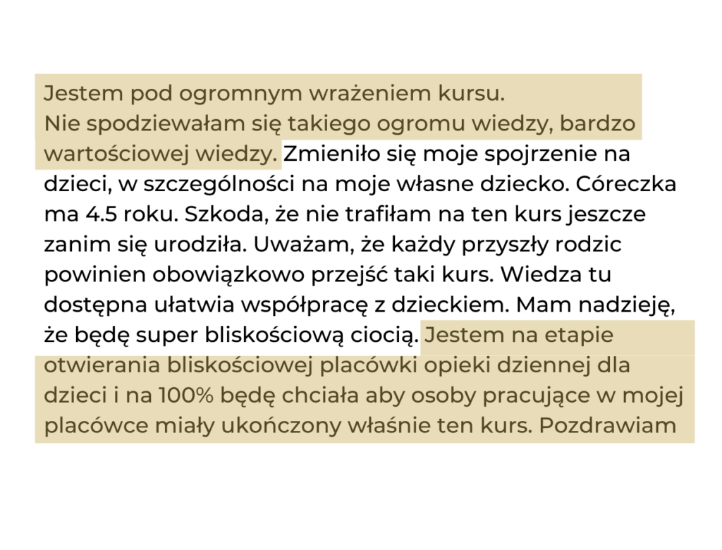 Entuzjastyczna opinia o kursie opiekun w żłobku 280 godzin - wartościowa wiedza o rodzicielstwie bliskościowym przydatna dla opiekunek i założycielki placówki opieki dziennej