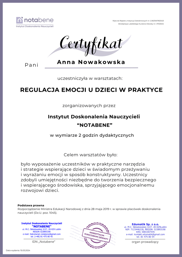 certyfikat warsztatów "regulacja emocji u dzieci w praktyce"