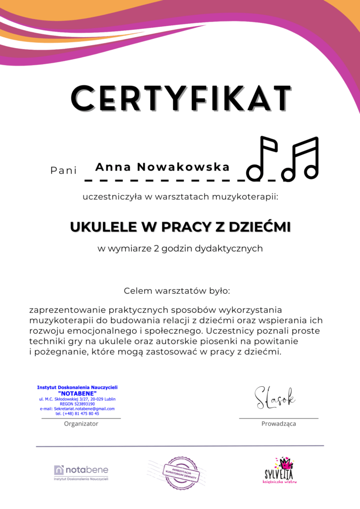 certyfikat ukulele w pracy z dziećmi