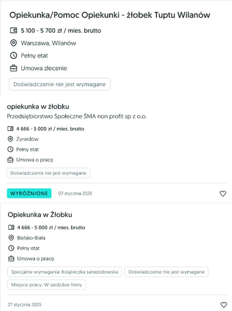 propozycje ofert pracy na stanowisku opiekun w żłobku z wynagrodzeniem od 5tys do 6 tysięcy brutto