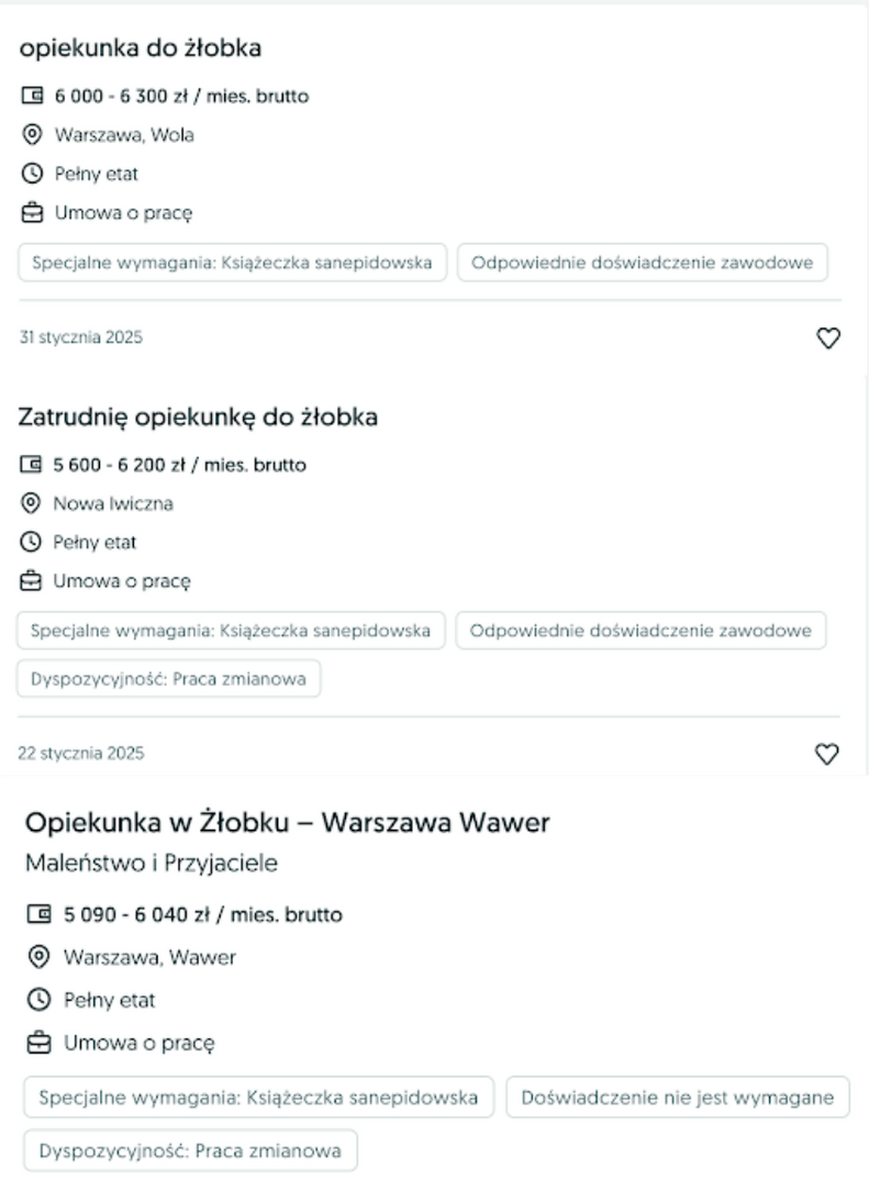 propozycje ofert pracy na stanowisku opiekun w żłobku z wynagrodzeniem od 5tys do 6 tysięcy brutto
