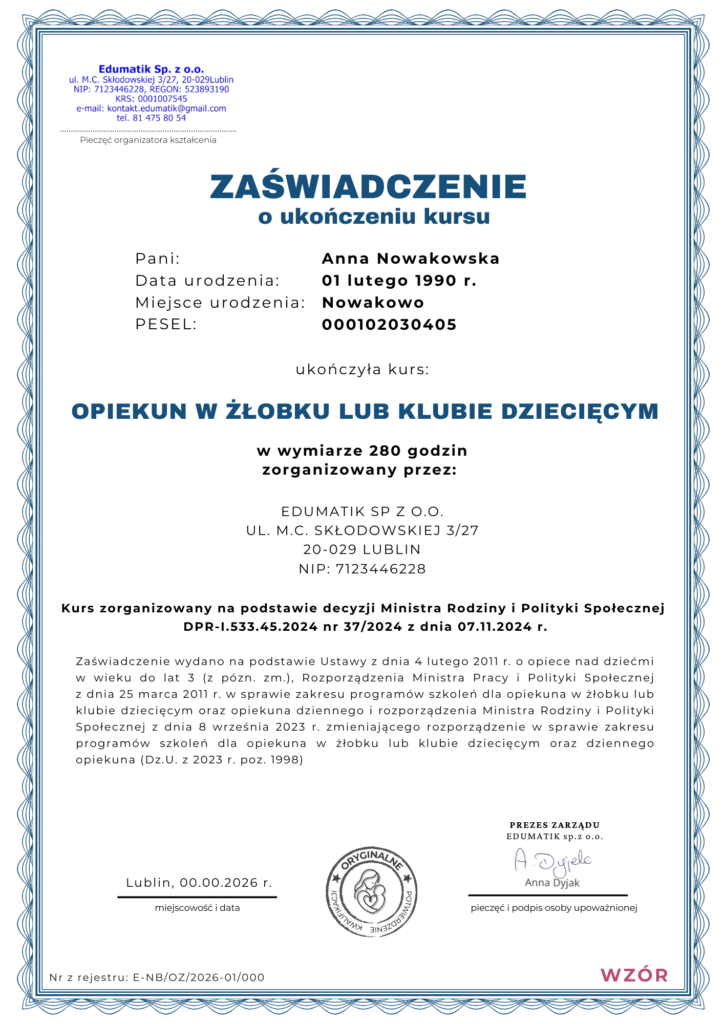 Wzór certyfikaru OPIEKUN W ŻŁOBKU LUB KLUBIE DZIECIĘCYM